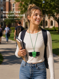 Genuine leather eyeglass holder necklace — green holder worn by a student on campus