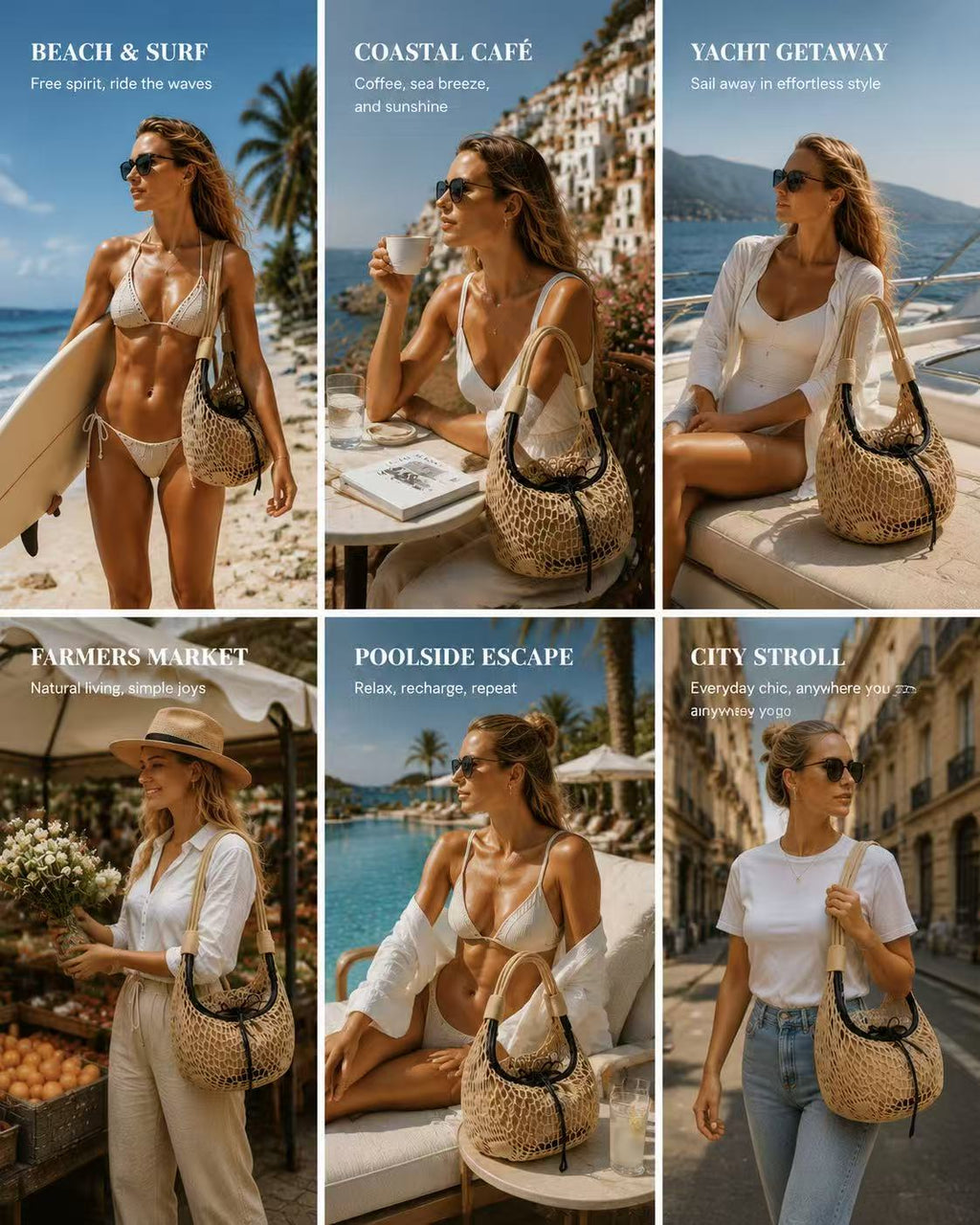 Beige nylon mesh shoulder bag with top-grain leather trim — six summer lifestyle styling ideas