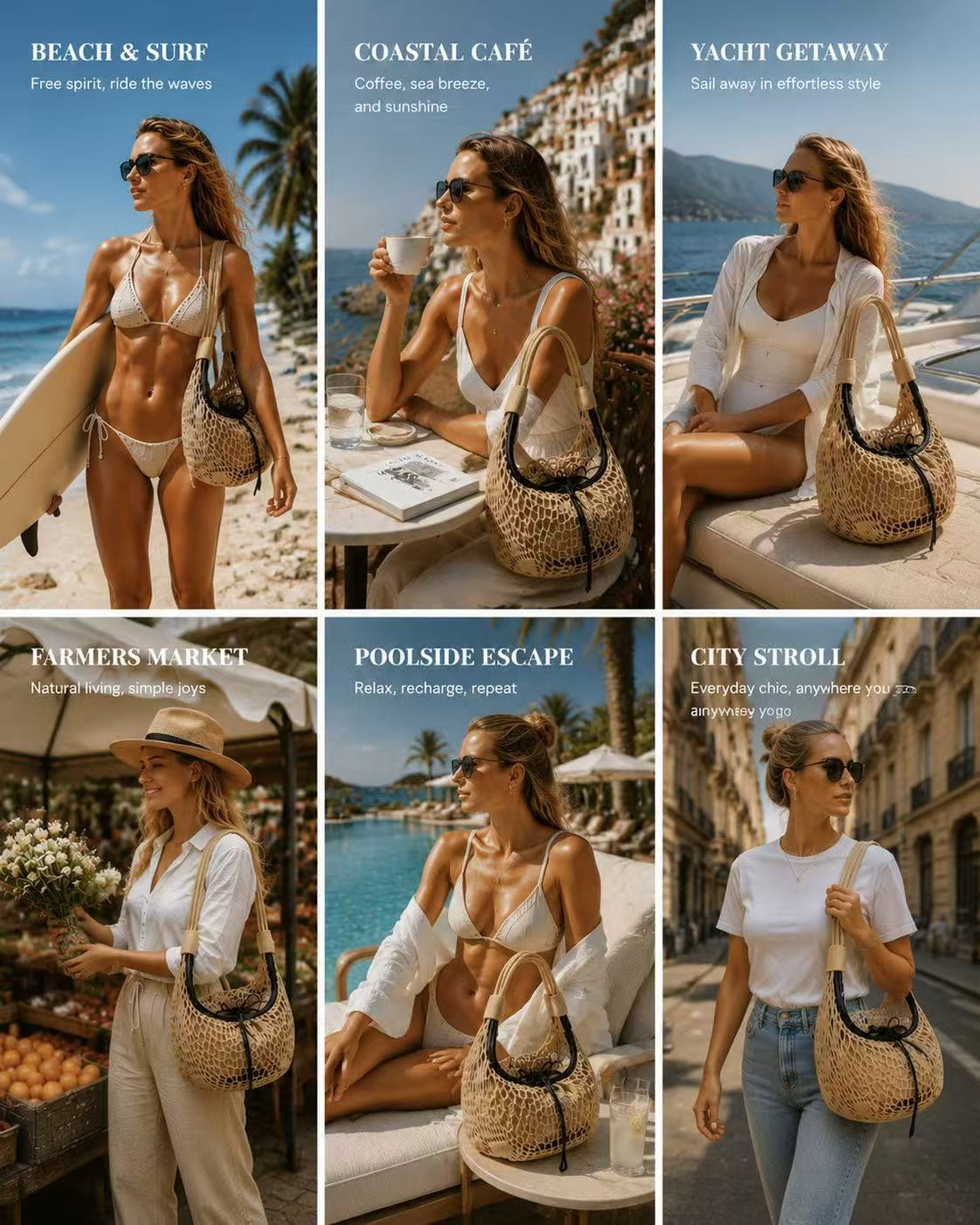 Beige nylon mesh shoulder bag with top-grain leather trim — six summer lifestyle styling ideas