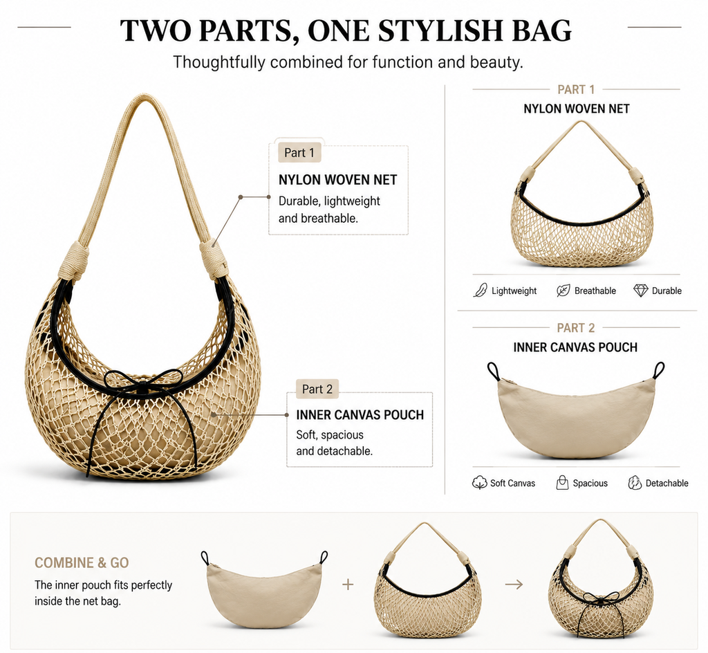 Beige nylon mesh shoulder bag with top-grain leather trim — detachable canvas pouch and woven net construction