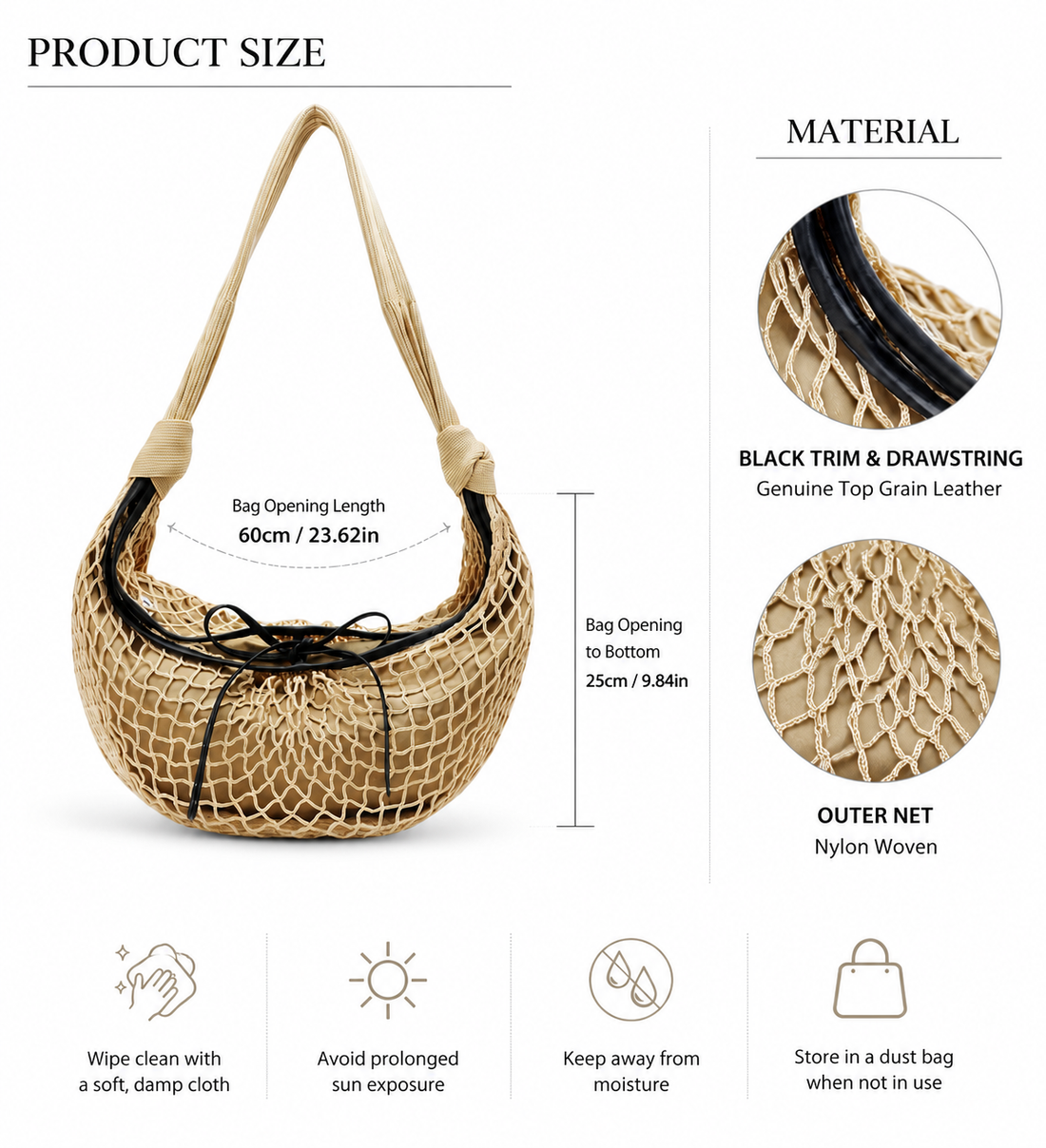 Beige nylon mesh shoulder bag with top-grain leather trim — size and material guide
