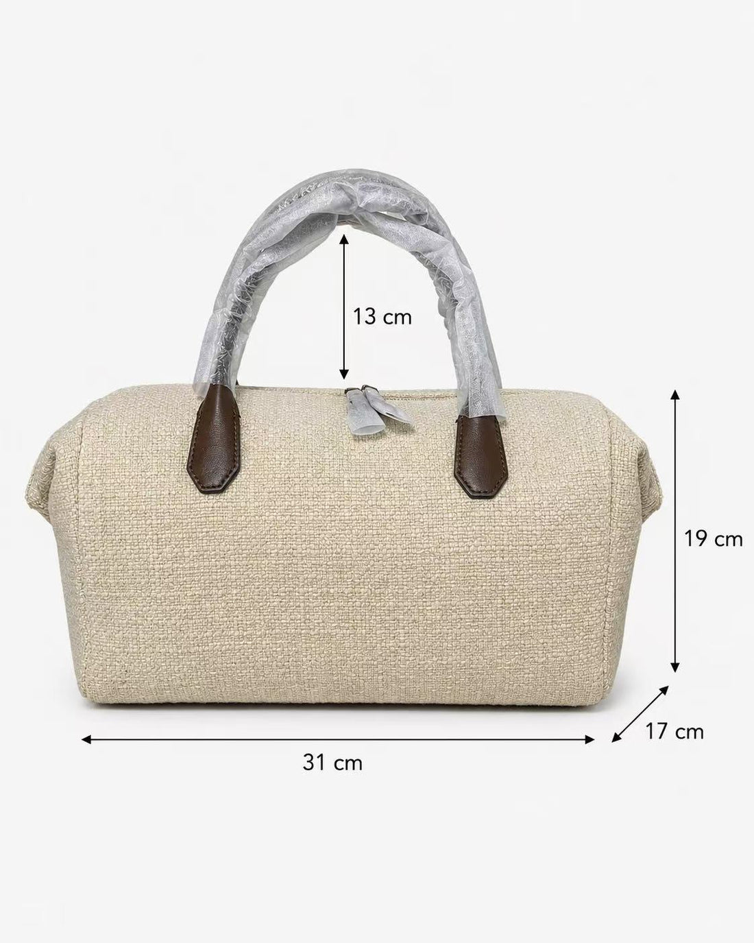 Off-white linen Boston bag dimensions and handle drop
