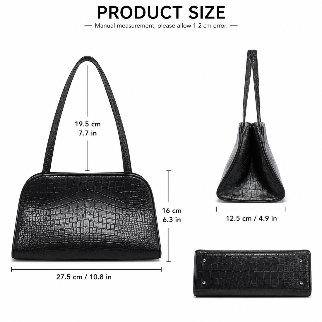 Black croc-embossed shoulder bag dimensions and side profile