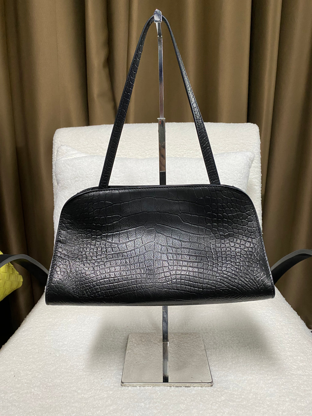 Black croc-embossed full-grain cowhide shoulder bag front view