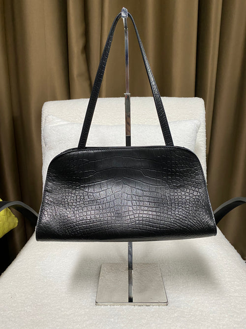 Black croc-embossed full-grain cowhide shoulder bag front view