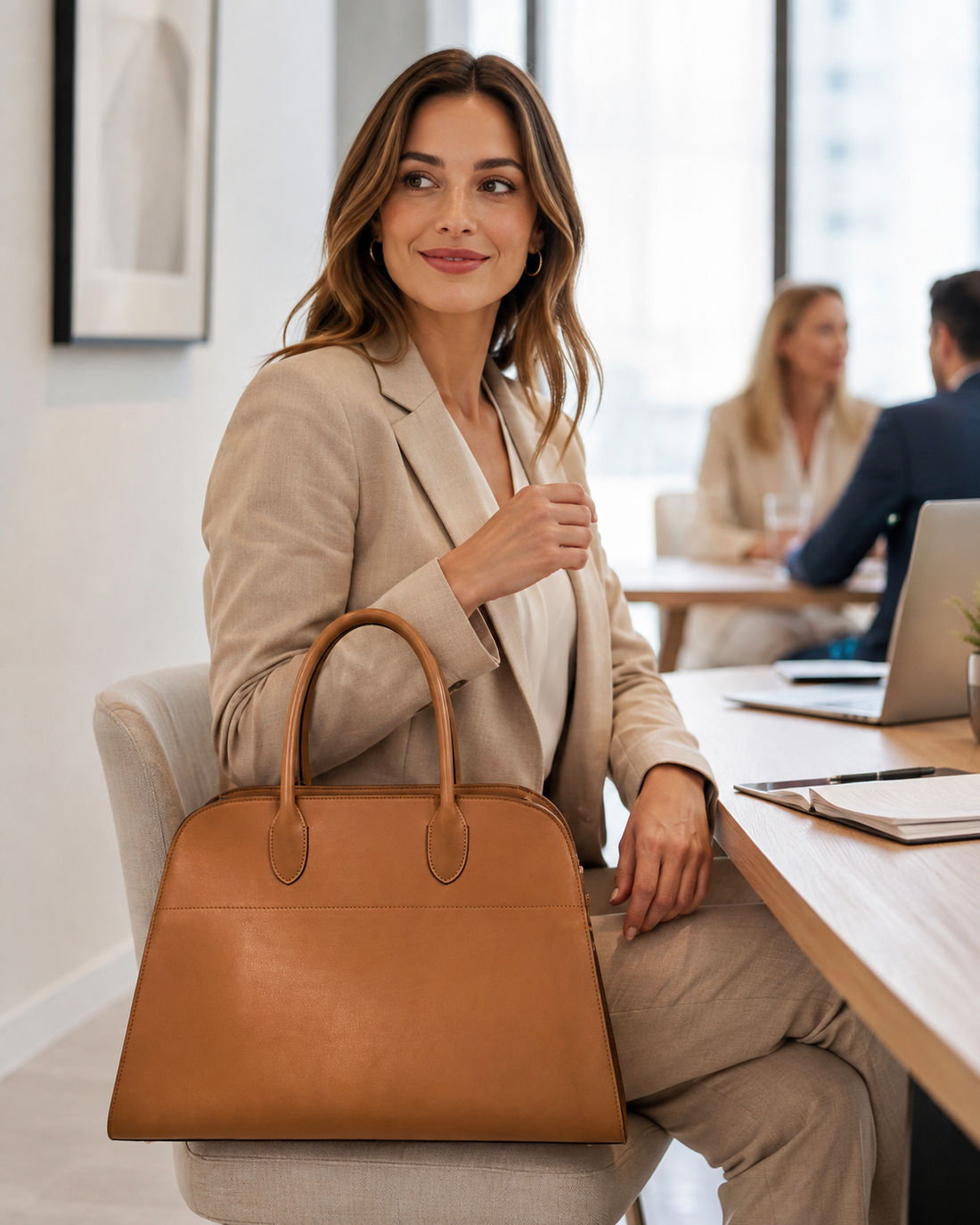 Woman carrying a brown full-grain leather work tote in an office