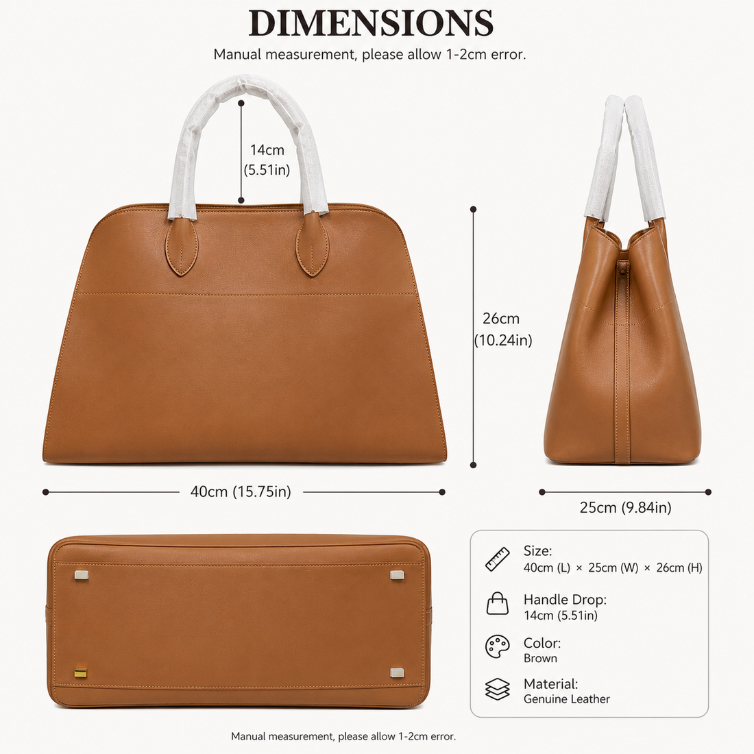 Brown leather work tote dimensions and side profile