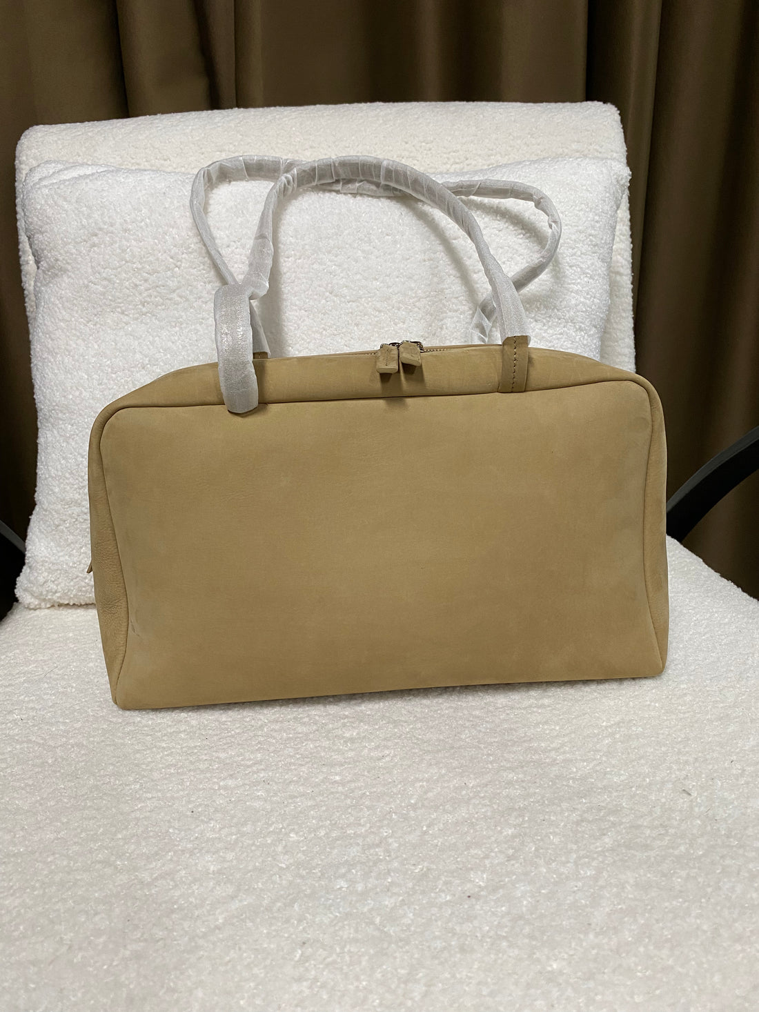 Camel calfskin boxy shoulder bag back view