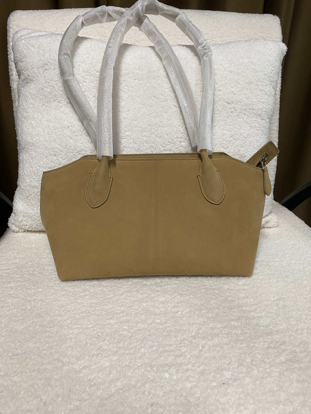 Camel baby calfskin shoulder tote front view with double handles