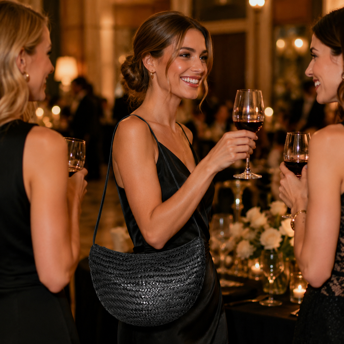 Woman carrying a black woven full-grain leather hobo bag at an evening event