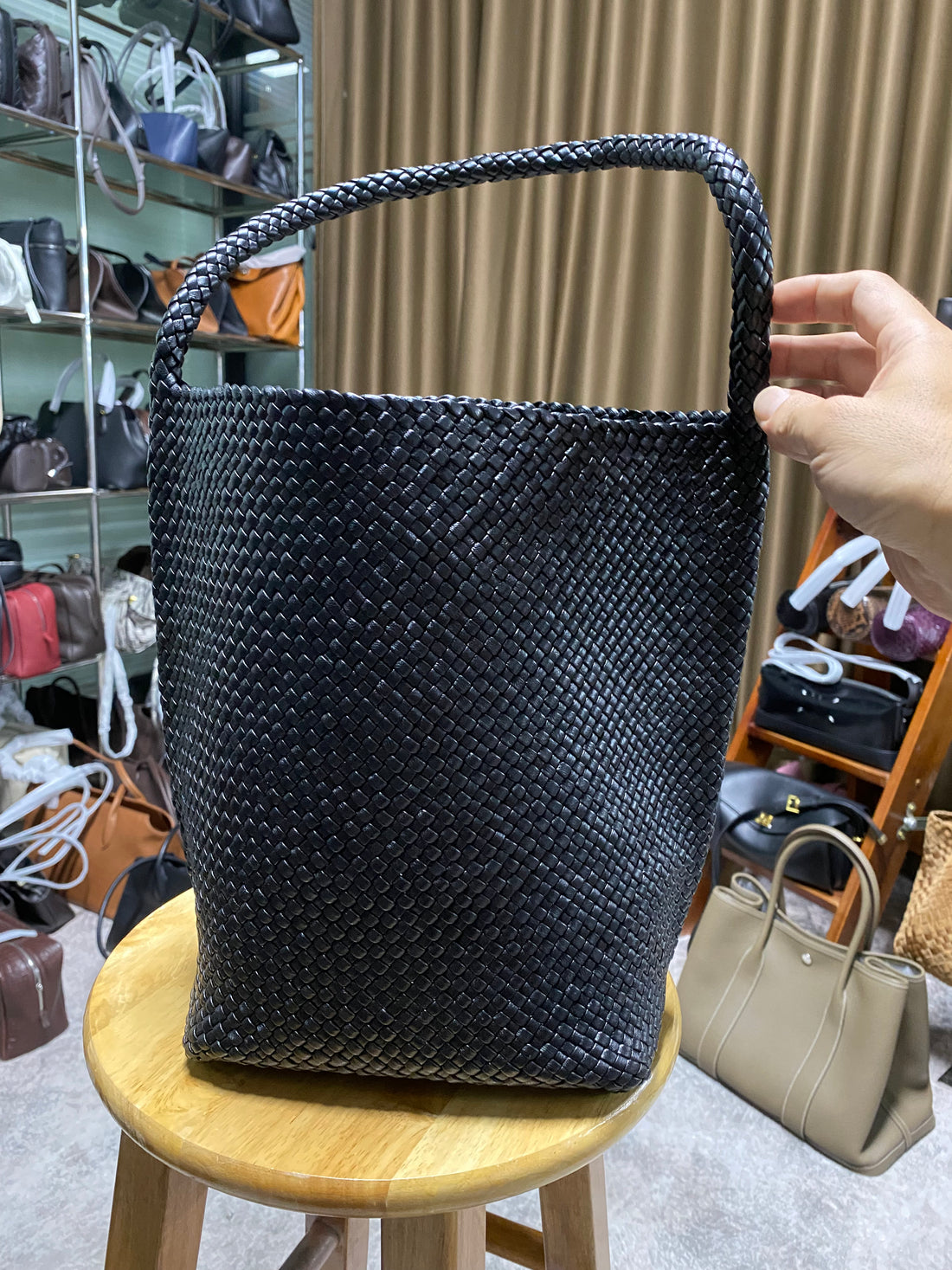 Elegant minimalist black lambskin bucket bag