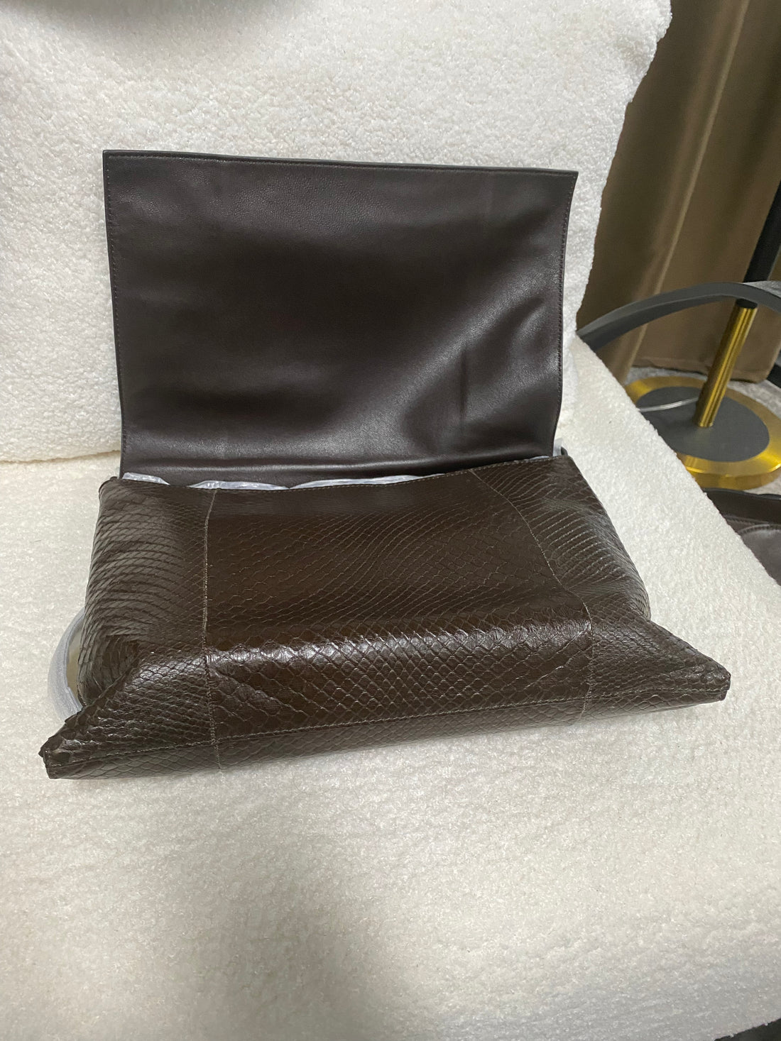 Brown genuine python leather shoulder bag — open flap and interior view