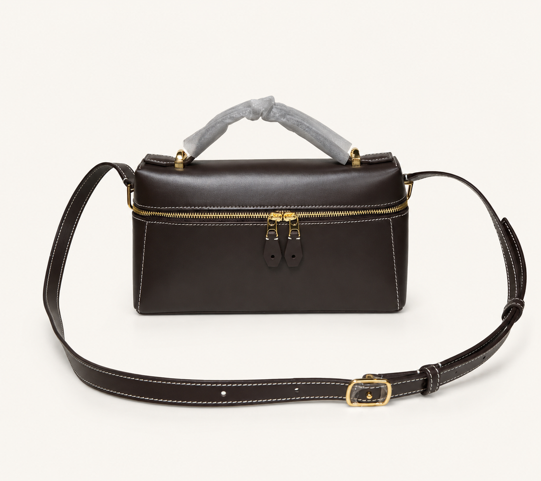 Dark brown smooth calfskin box shoulder bag with top handle and adjustable crossbody strap