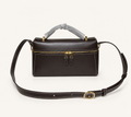 Dark brown smooth calfskin box shoulder bag with top handle and adjustable crossbody strap