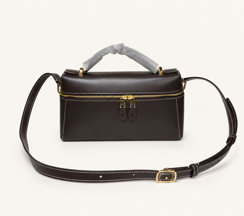 Dark brown smooth calfskin box shoulder bag with top handle and adjustable crossbody strap