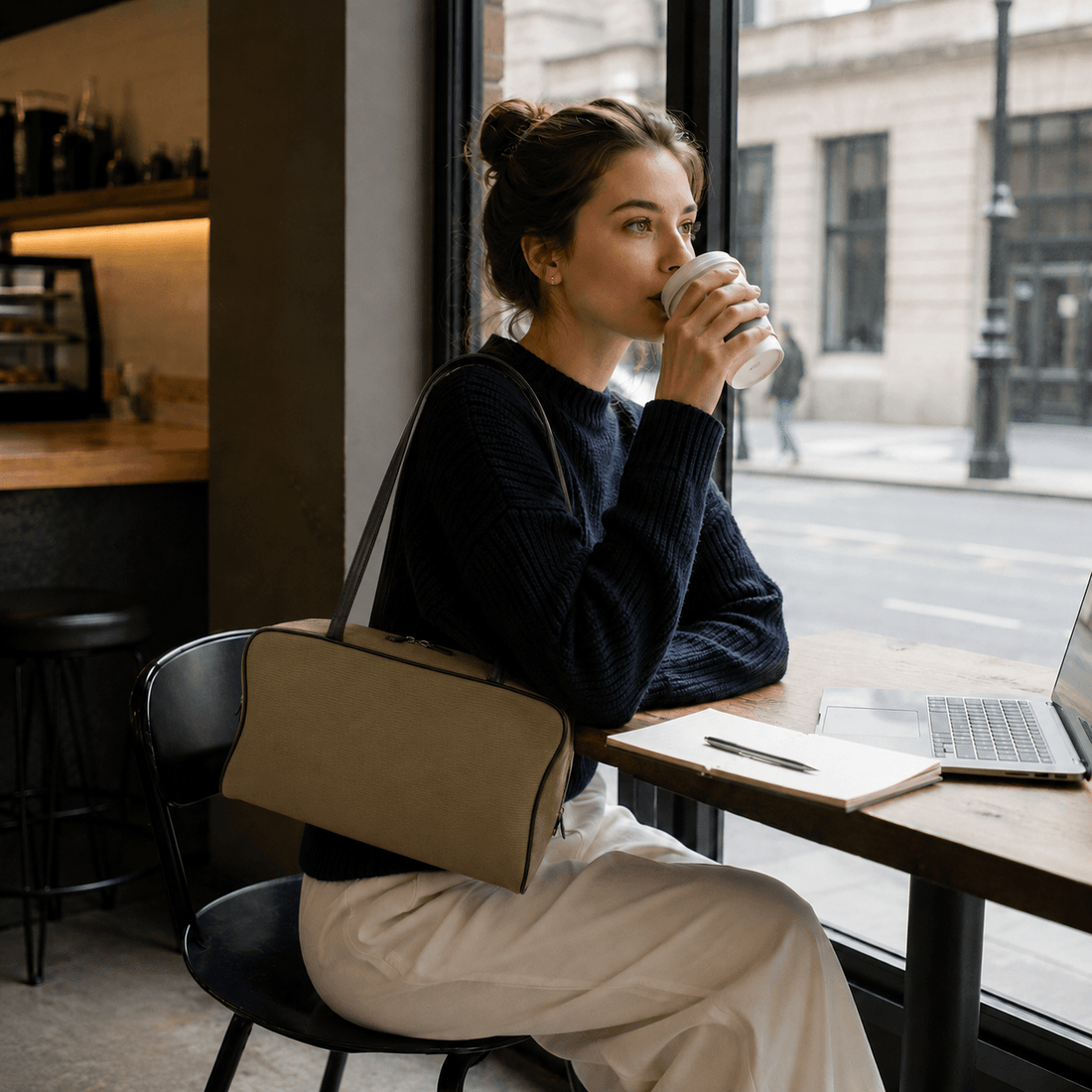 Logo-free canvas and lambskin commuter tote — carried by a woman at a cafe