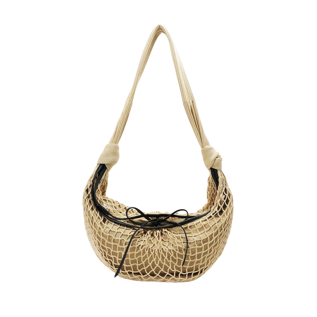 Beige nylon mesh shoulder bag with top-grain leather trim — logo-free front view on white