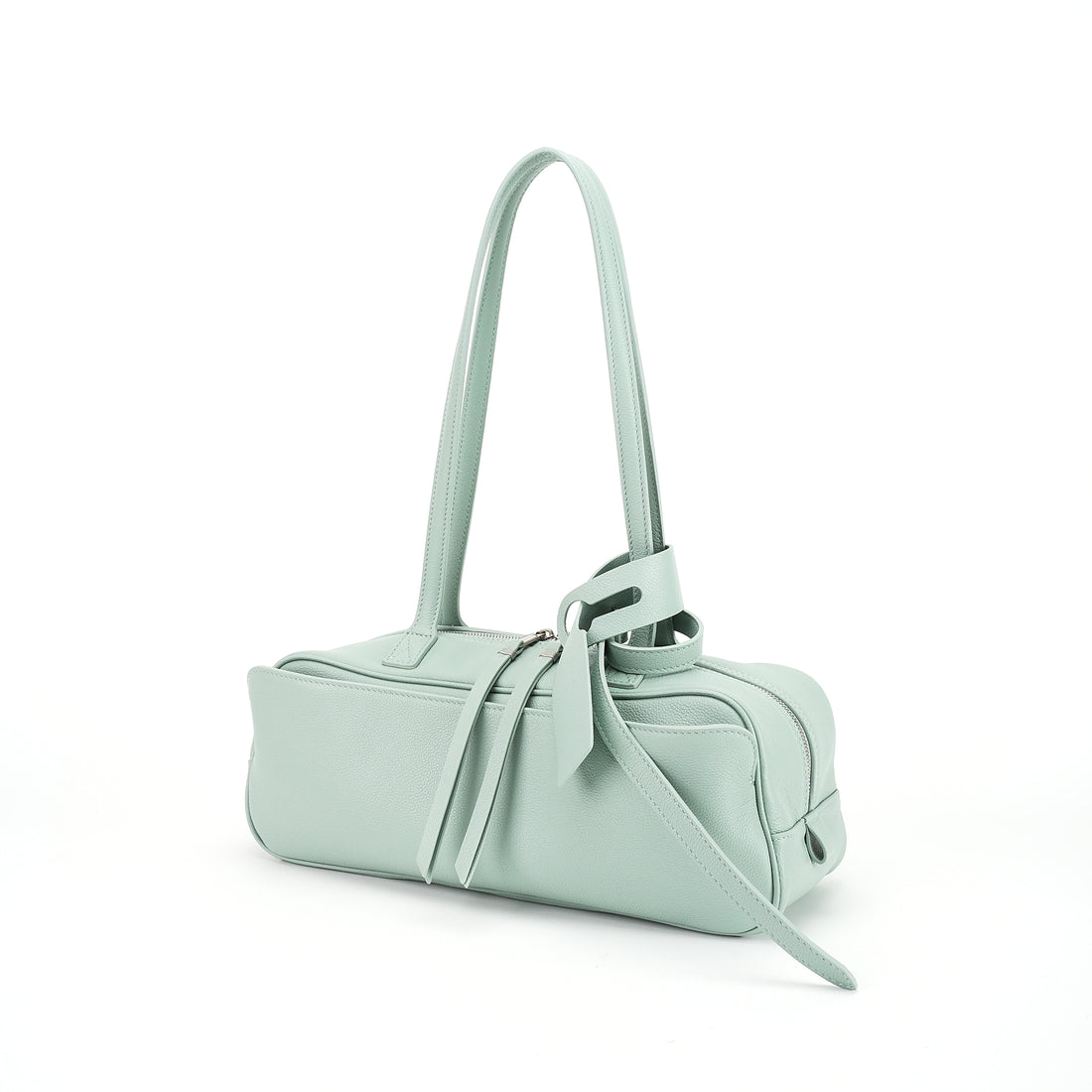 Logo-free cowhide bowling shoulder bag — mint green front view