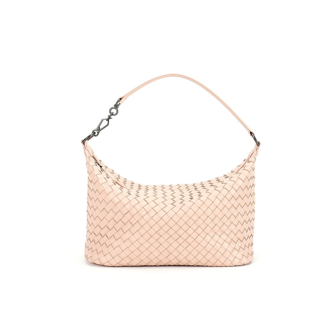 Logo-free handwoven lambskin shoulder bag — blush pink front view