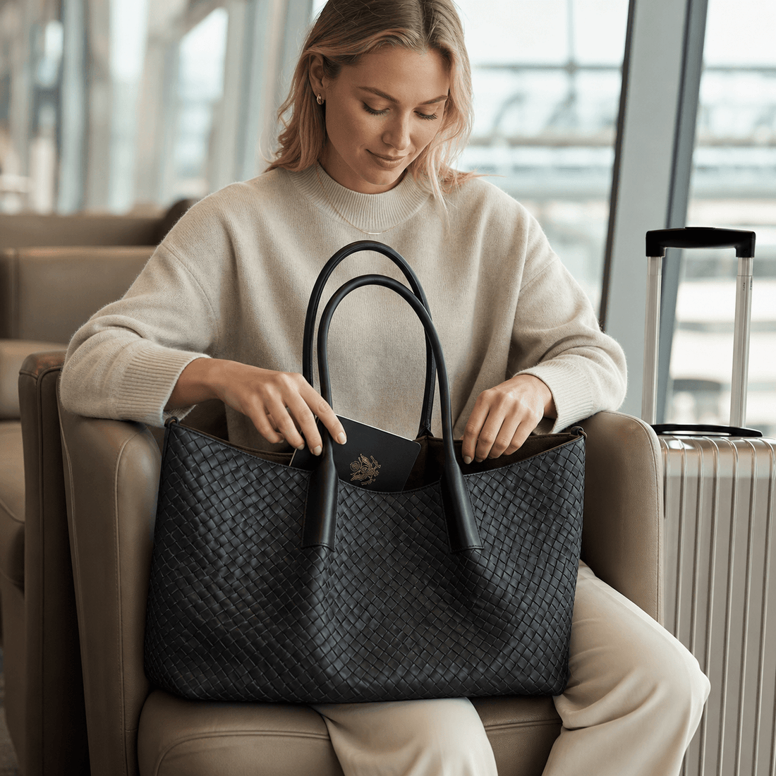 Logo-free top-grain cowhide woven tote — black bag carried by a woman in an office