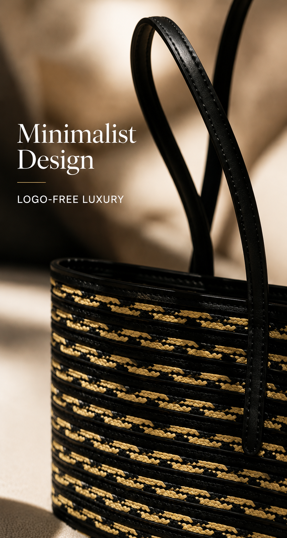 Logo-free handwoven striped bucket tote — black leather handle and woven stripe detail