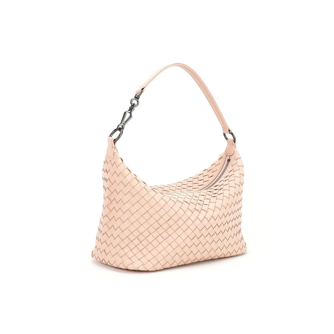 Logo-free handwoven lambskin shoulder bag — blush pink three-quarter front view