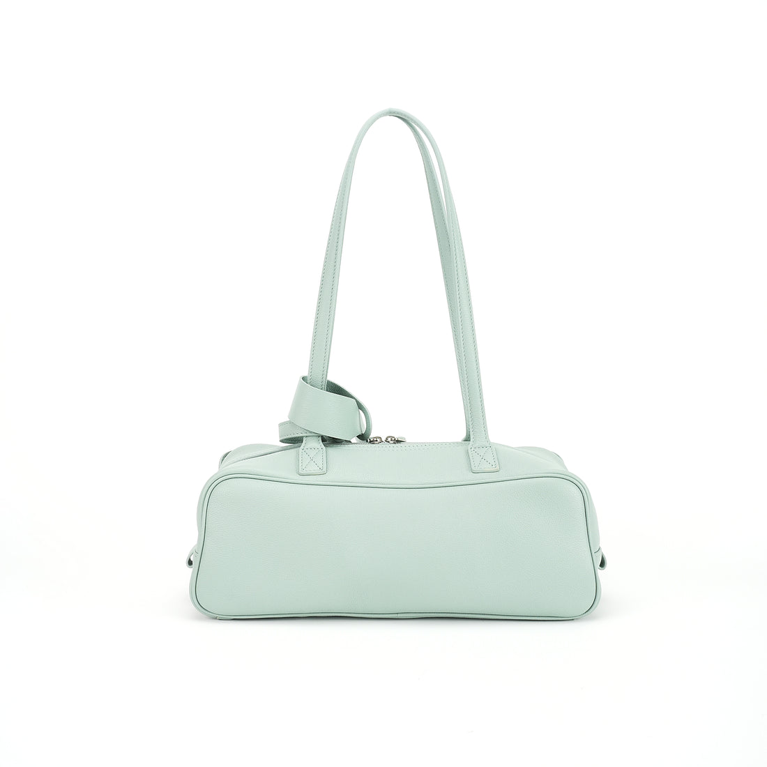 Logo-free cowhide bowling shoulder bag — mint green back view