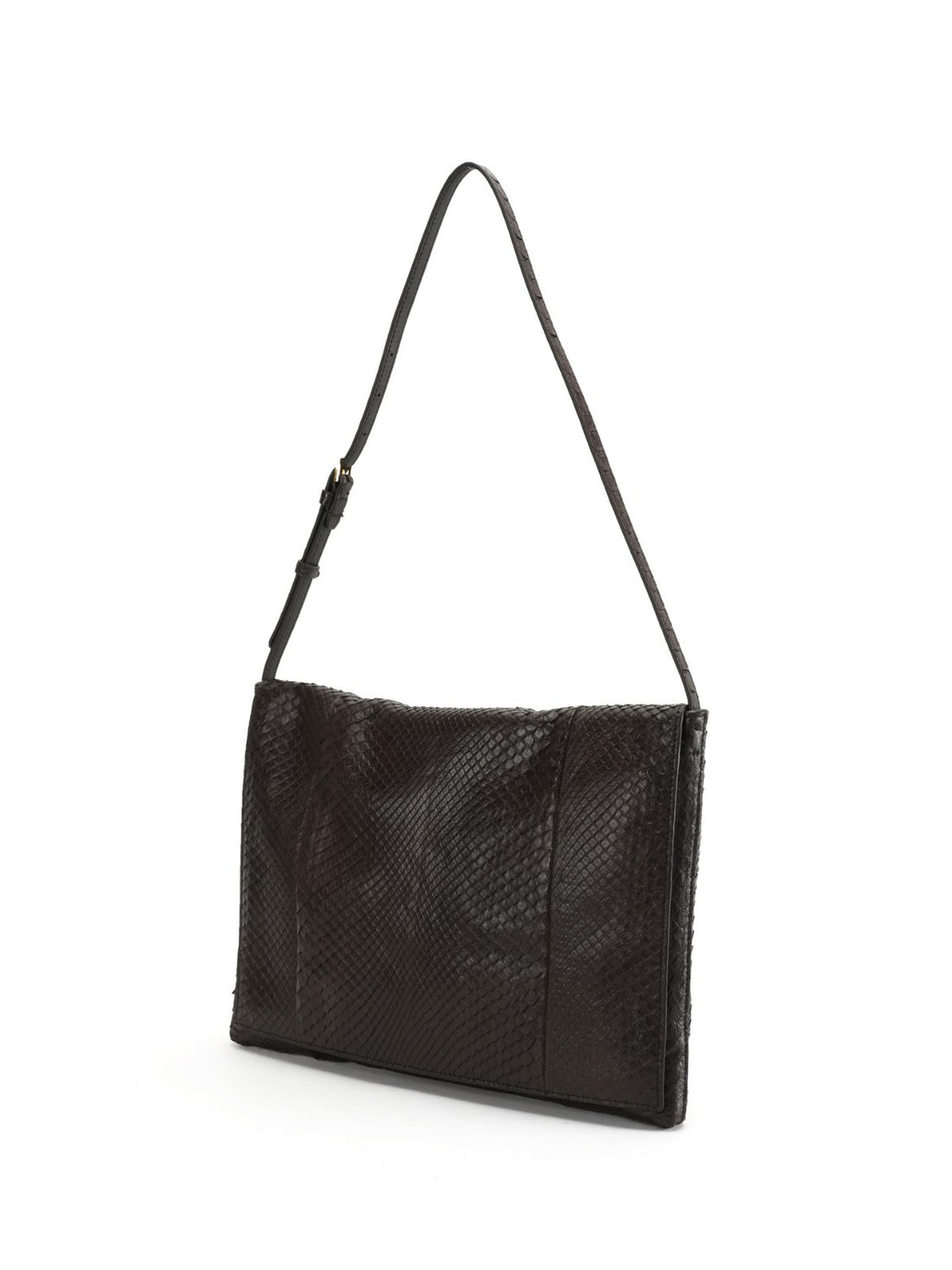 Brown genuine python leather shoulder bag — three-quarter front view