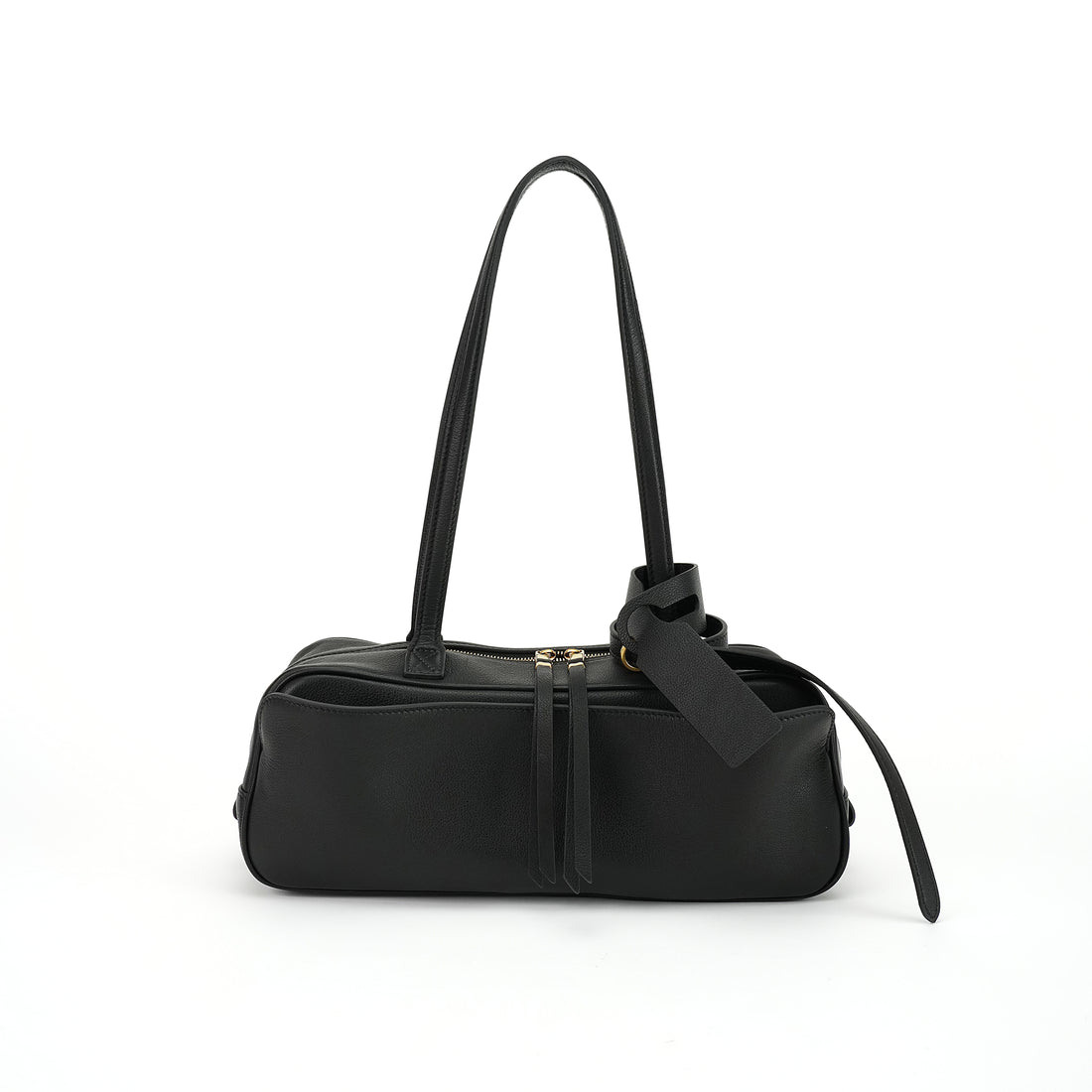 Logo-free cowhide bowling shoulder bag — black front-angle view
