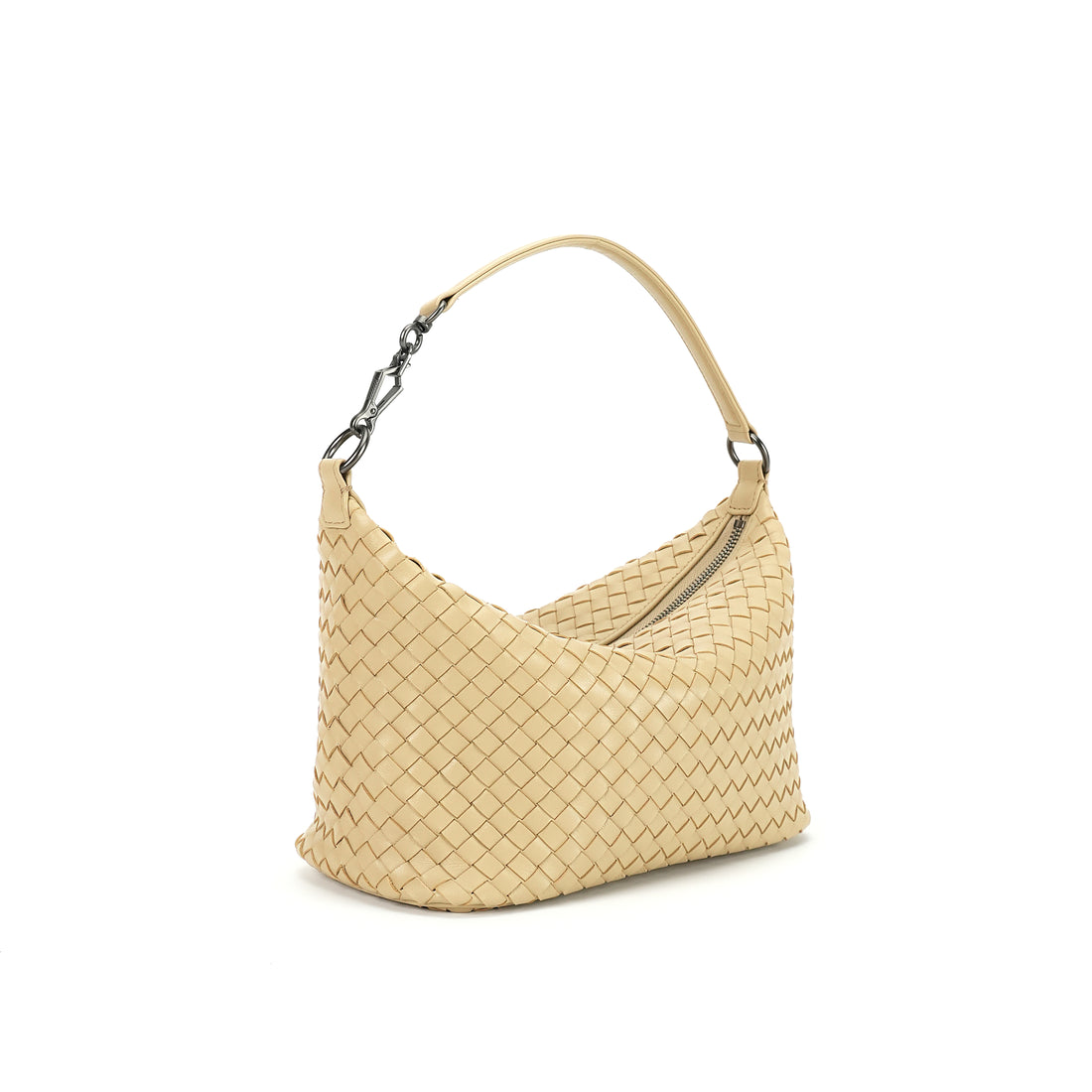 Logo-free handwoven lambskin shoulder bag — warm beige three-quarter front view