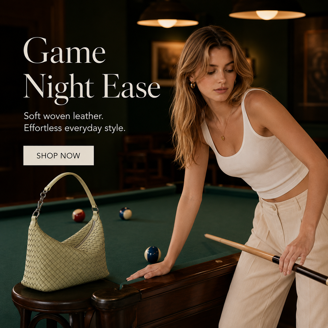 Logo-free handwoven lambskin shoulder bag — butter cream version styled for game night