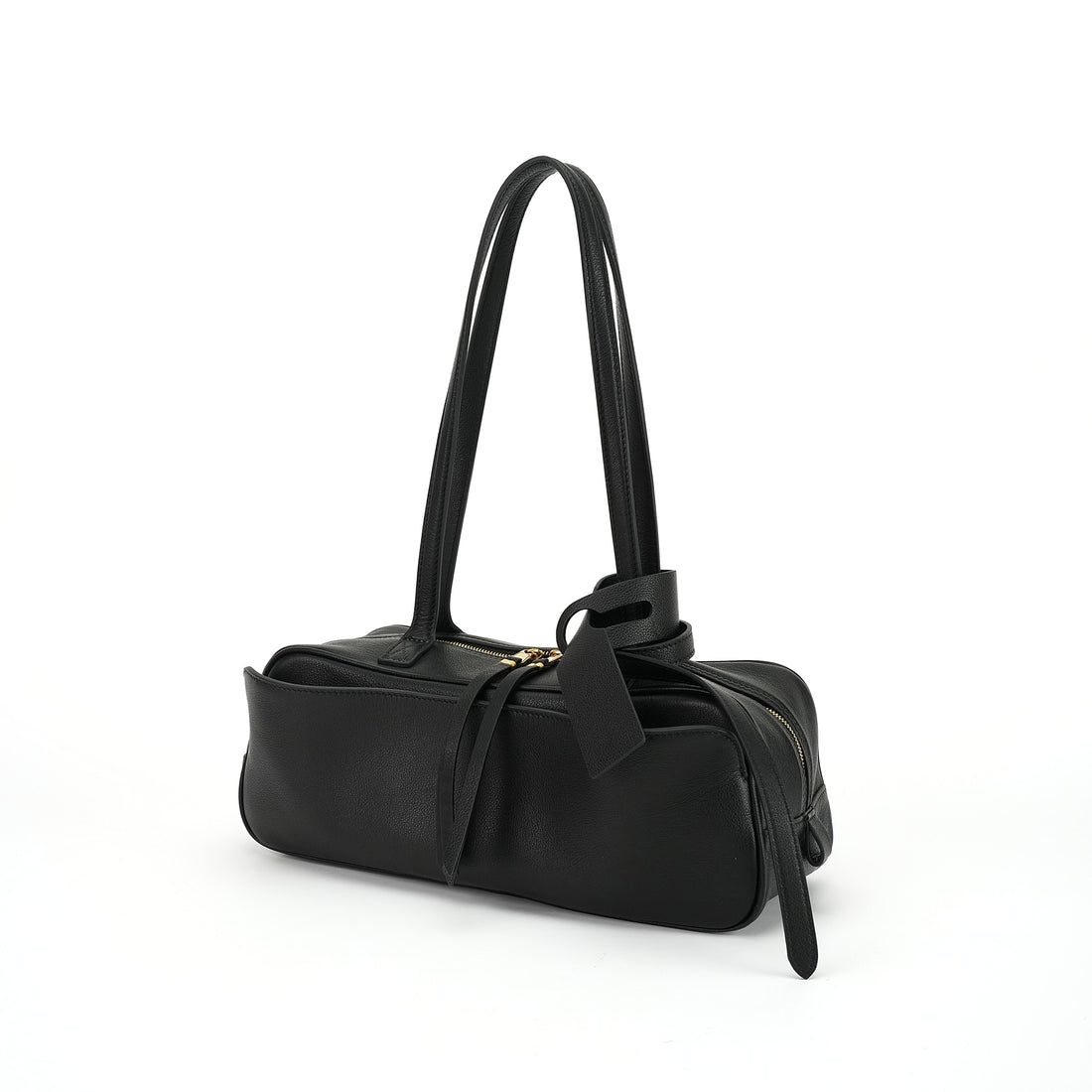 Logo-free cowhide bowling shoulder bag — black three-quarter front view