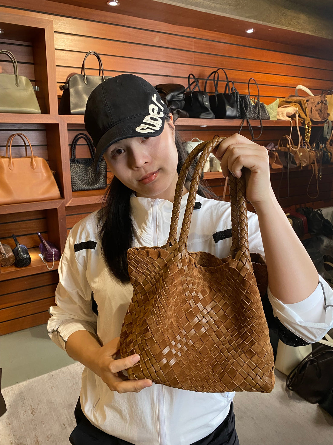 Minimalist cognac leather tote quiet luxury