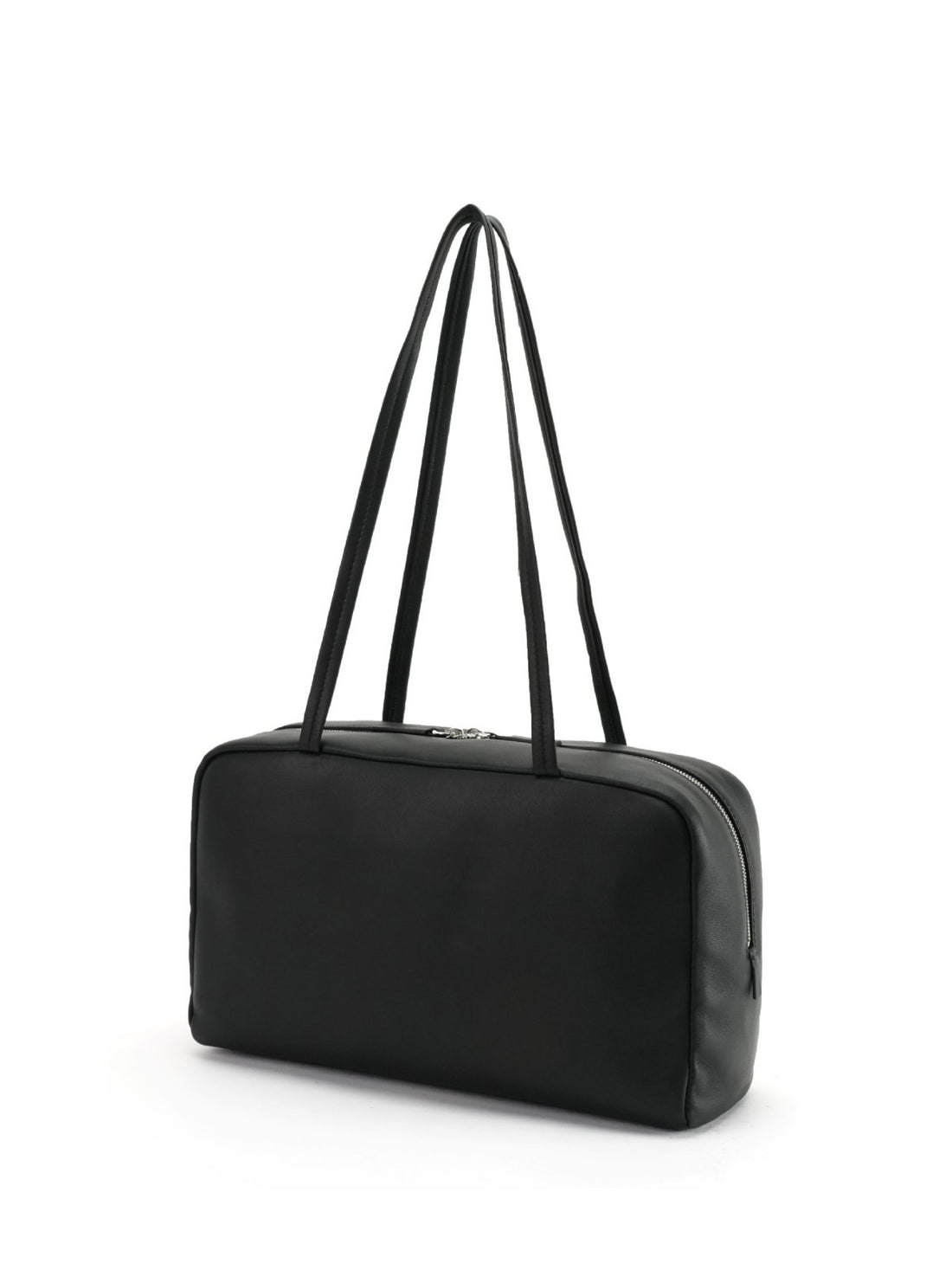 Logo-free lambskin bowling shoulder bag — black three-quarter front view