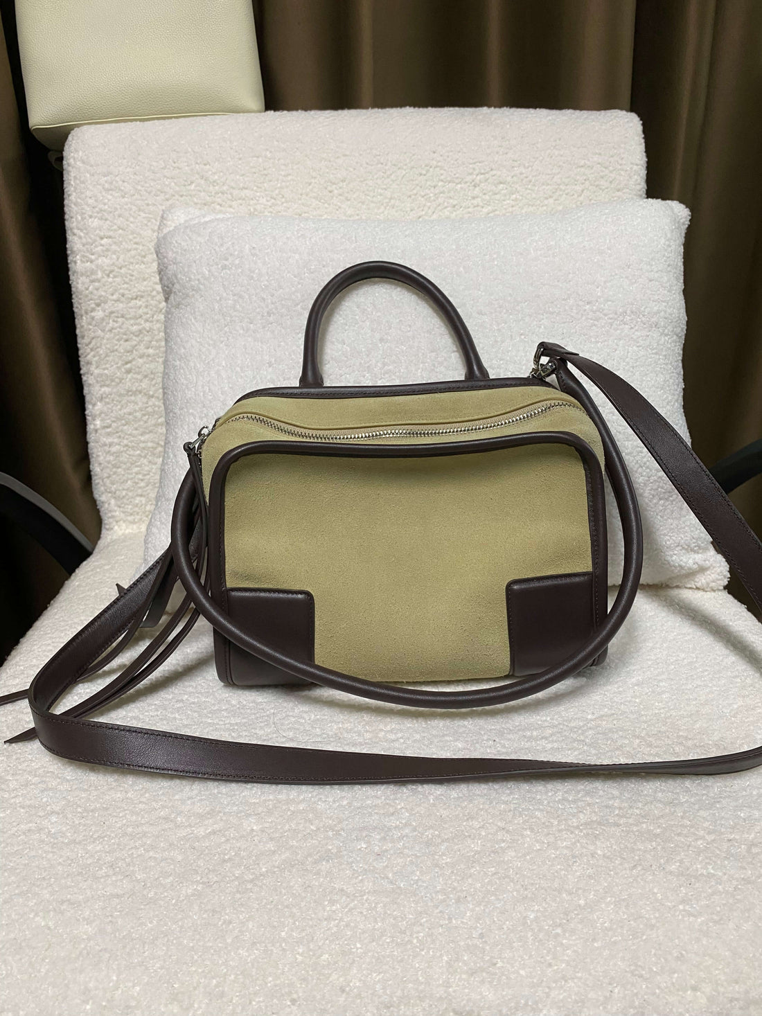 Logo-free two-tone calf suede satchel — olive and brown front view with shoulder strap