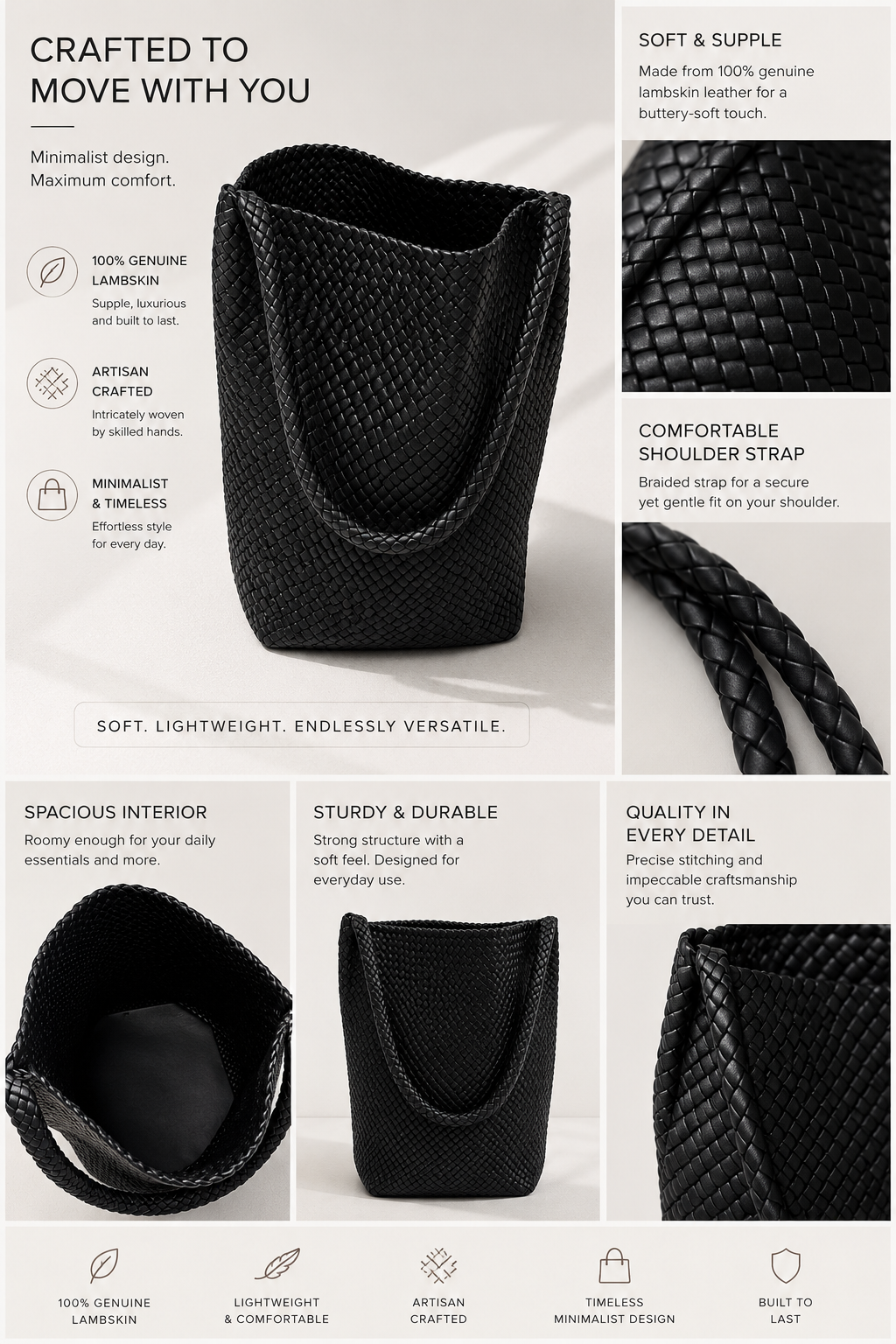 Minimalist woven lambskin bag, quiet luxury