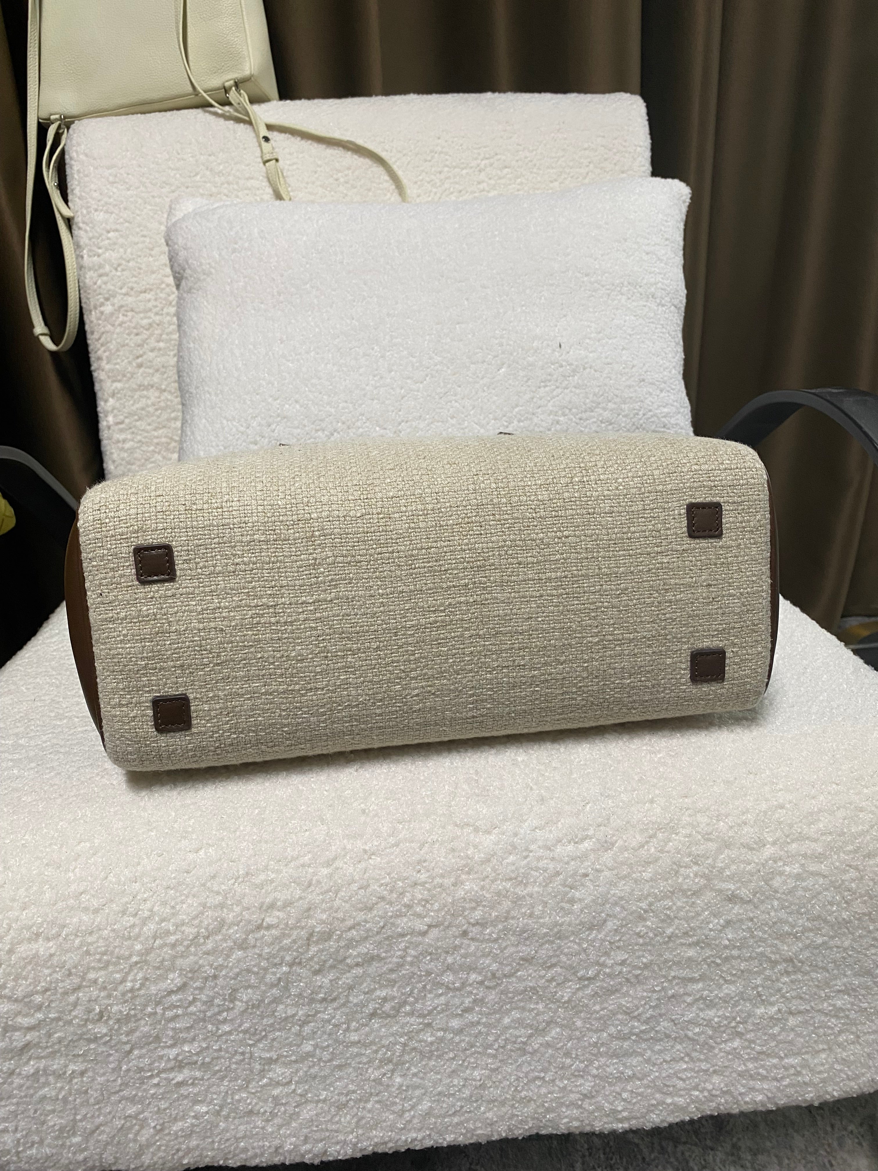 Premium Linen & Calf Leather Top Handle Bag