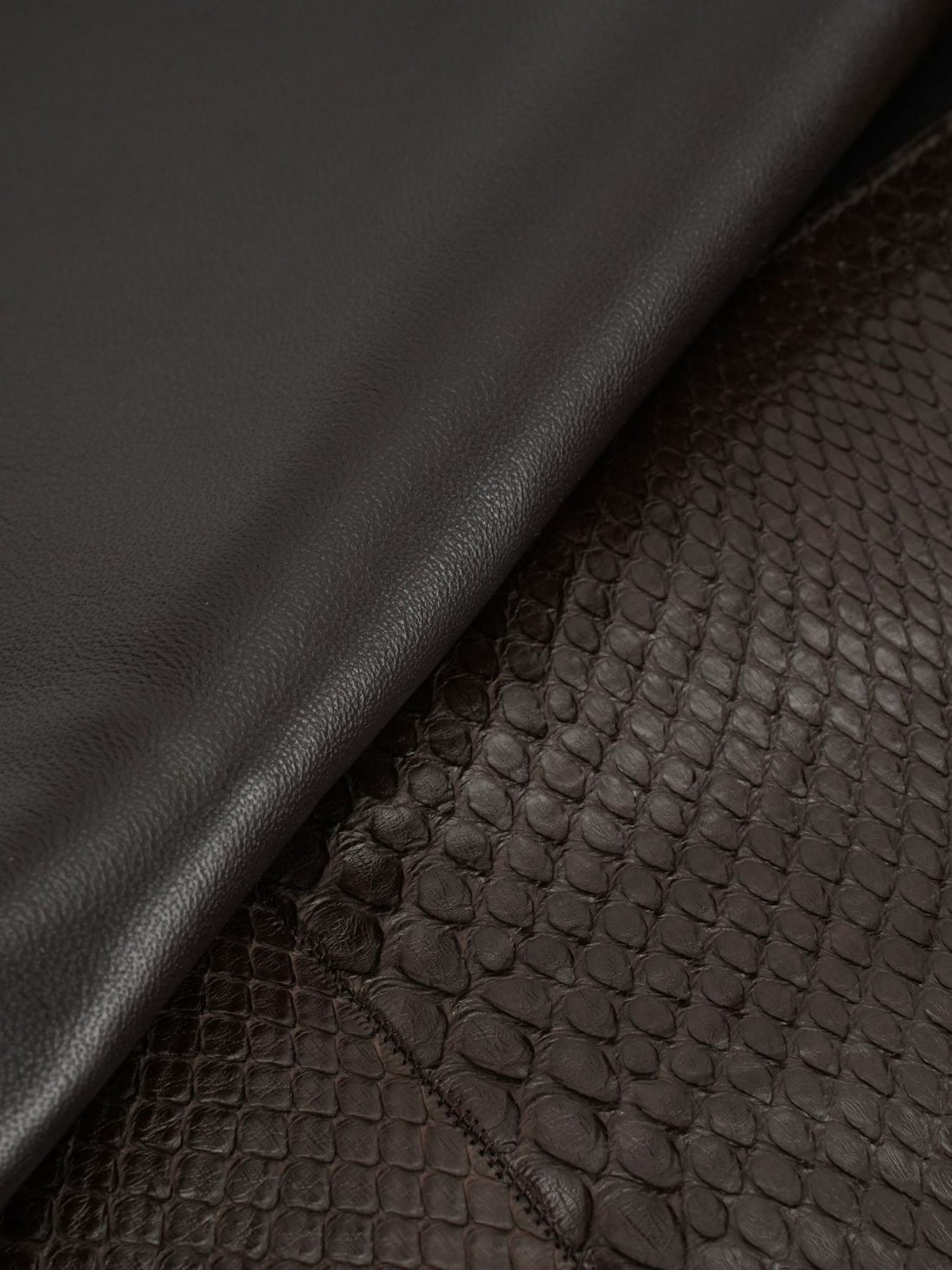 Brown genuine python leather shoulder bag — smooth leather lining and python exterior close-up