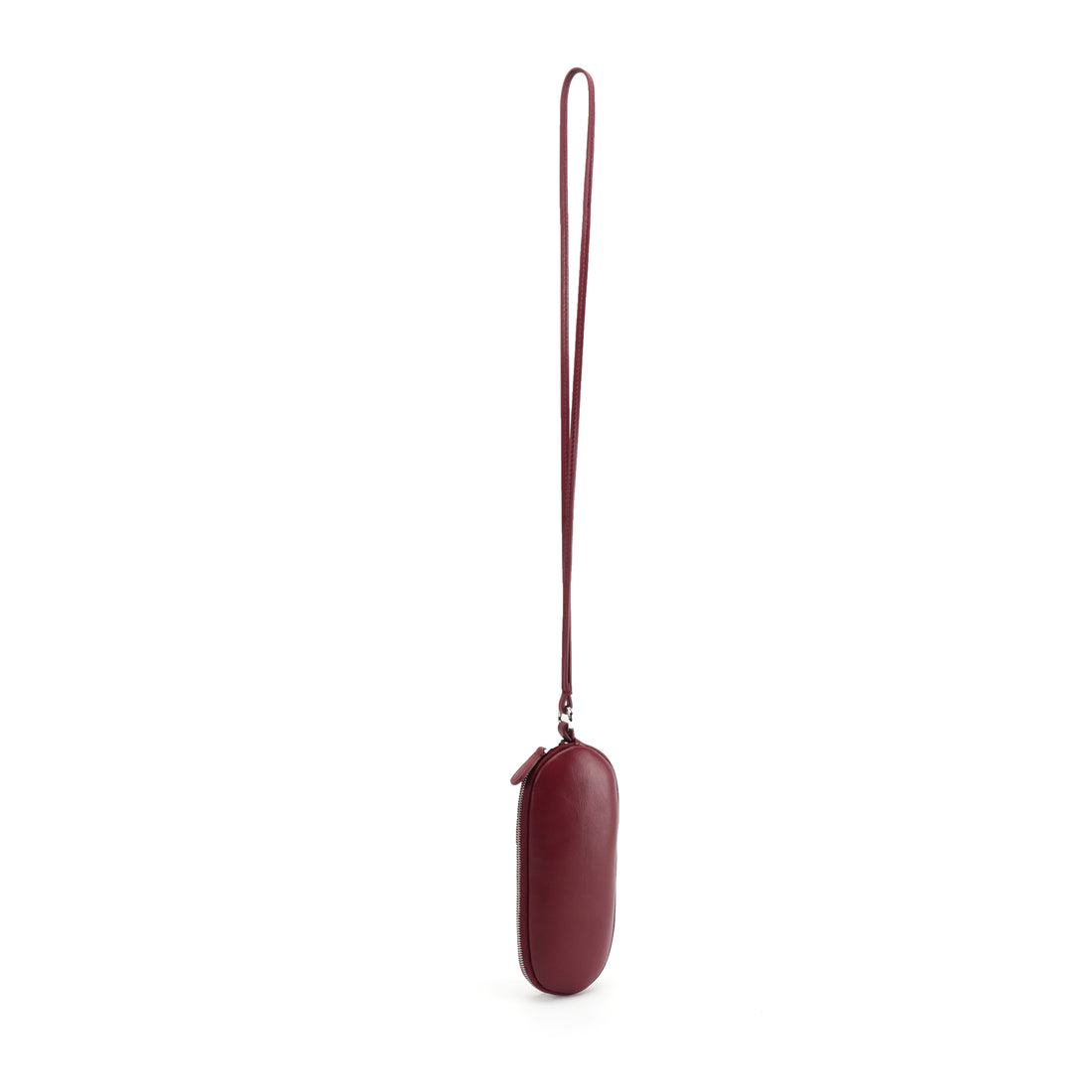 Logo-free cowhide glasses wallet with long strap — burgundy side view