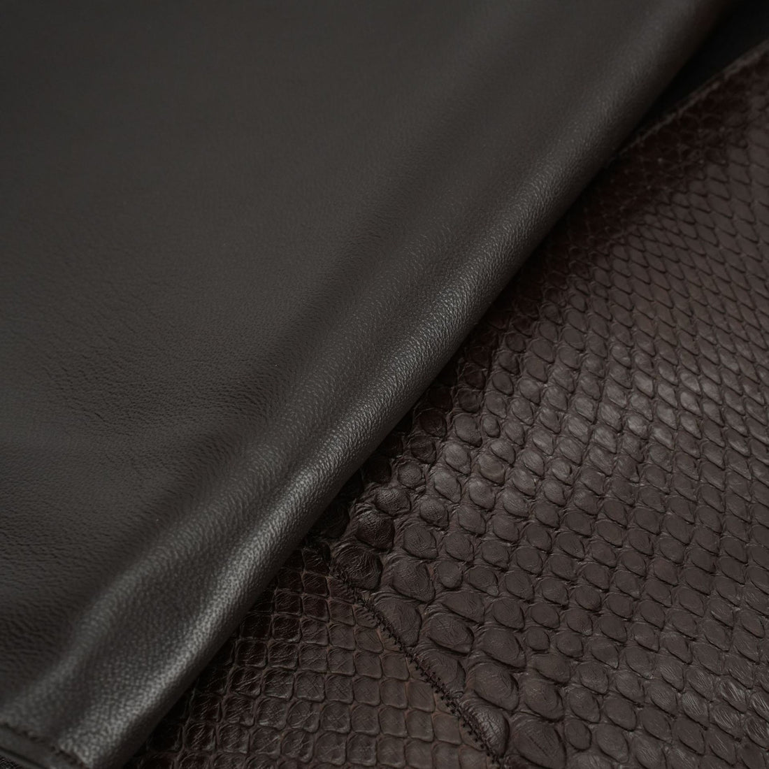 Brown genuine python leather shoulder bag — leather lining and python texture close-up