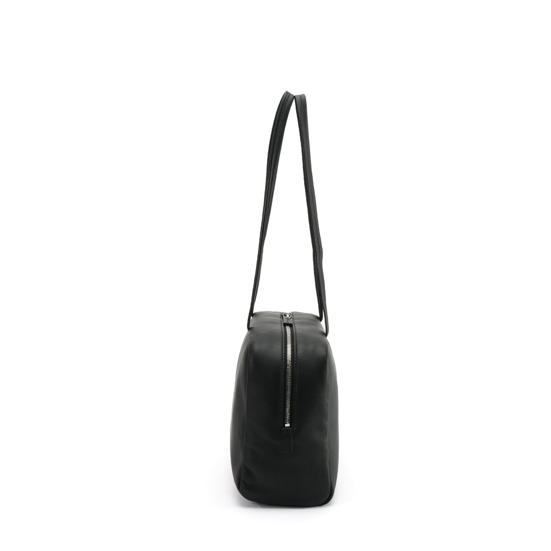 Logo-free lambskin bowling shoulder bag — black side profile