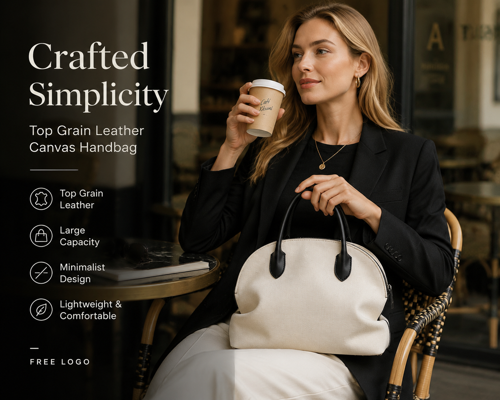 Woman carrying a cream linen handbag with black top-grain leather handles