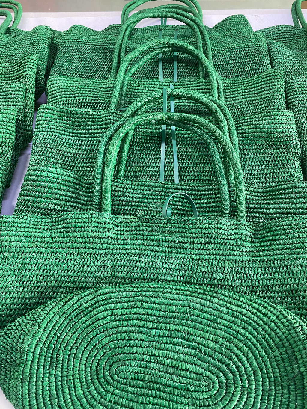 Emerald Green Raffia Straw Tote Bag with Leather Trim