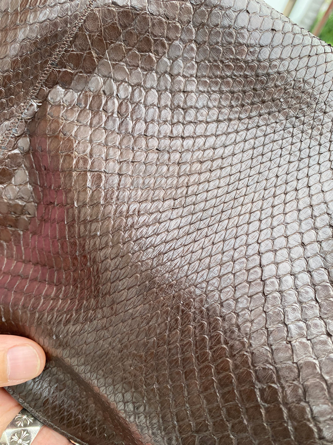 Brown genuine python leather shoulder bag — brown python leather texture close-up