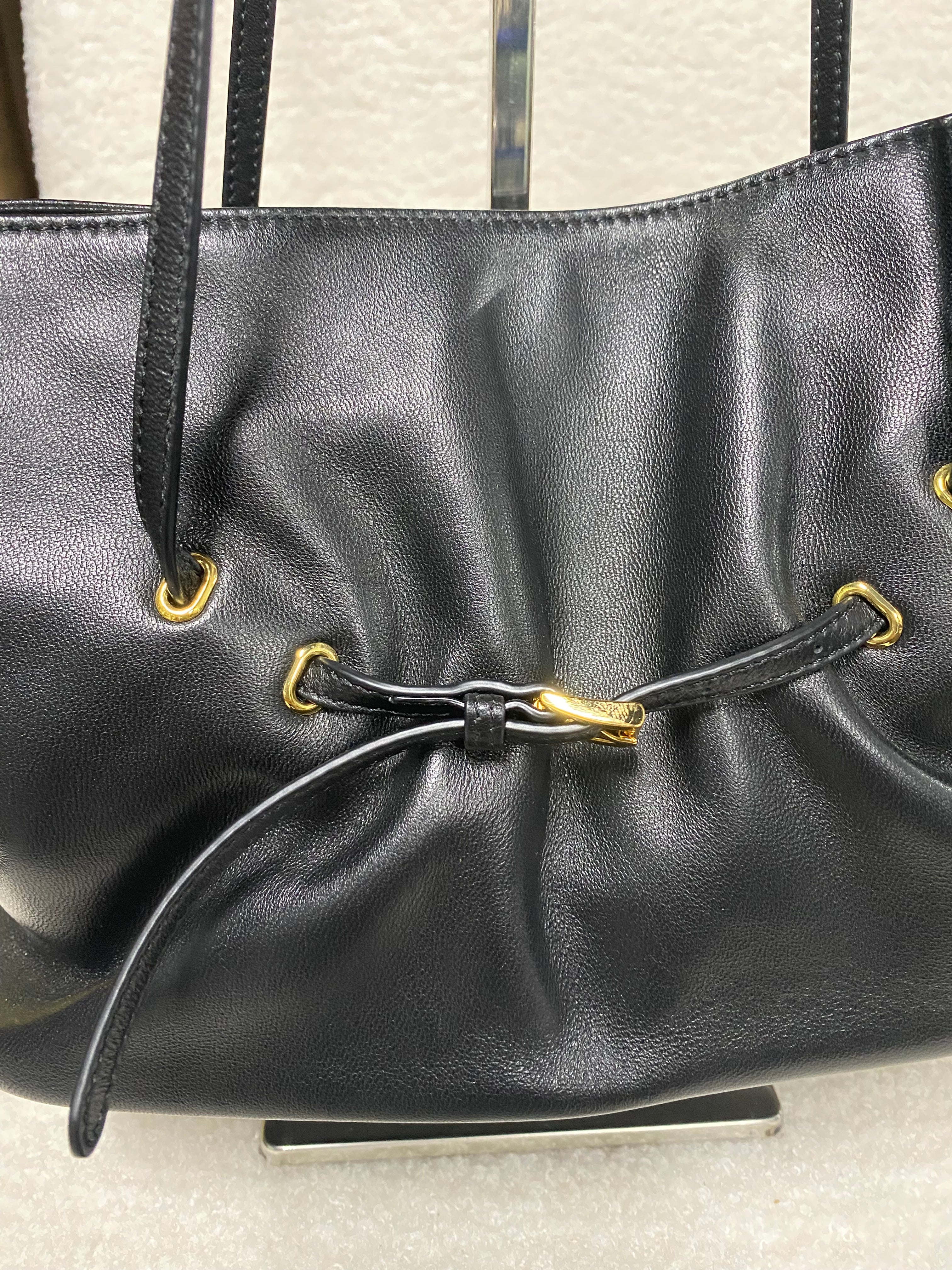 Black Ruched Lambskin Leather Cross-body Bag with Gold Buckle
