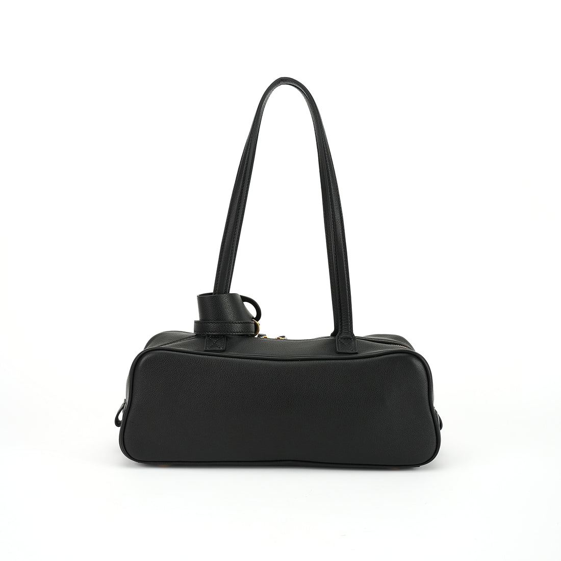 Logo-free cowhide bowling shoulder bag — black back view