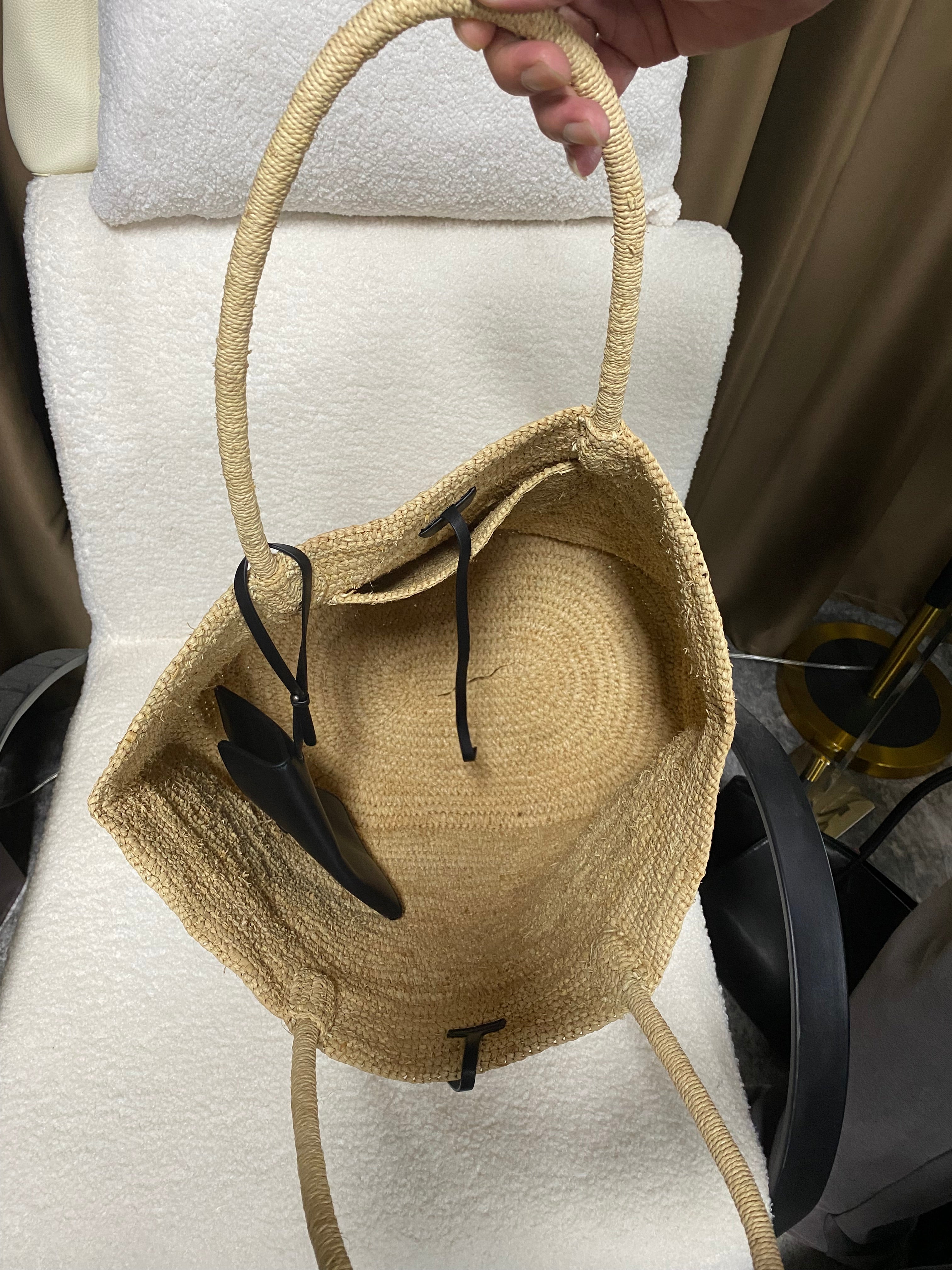 Emerald Green Raffia Straw Tote Bag with Leather Trim
