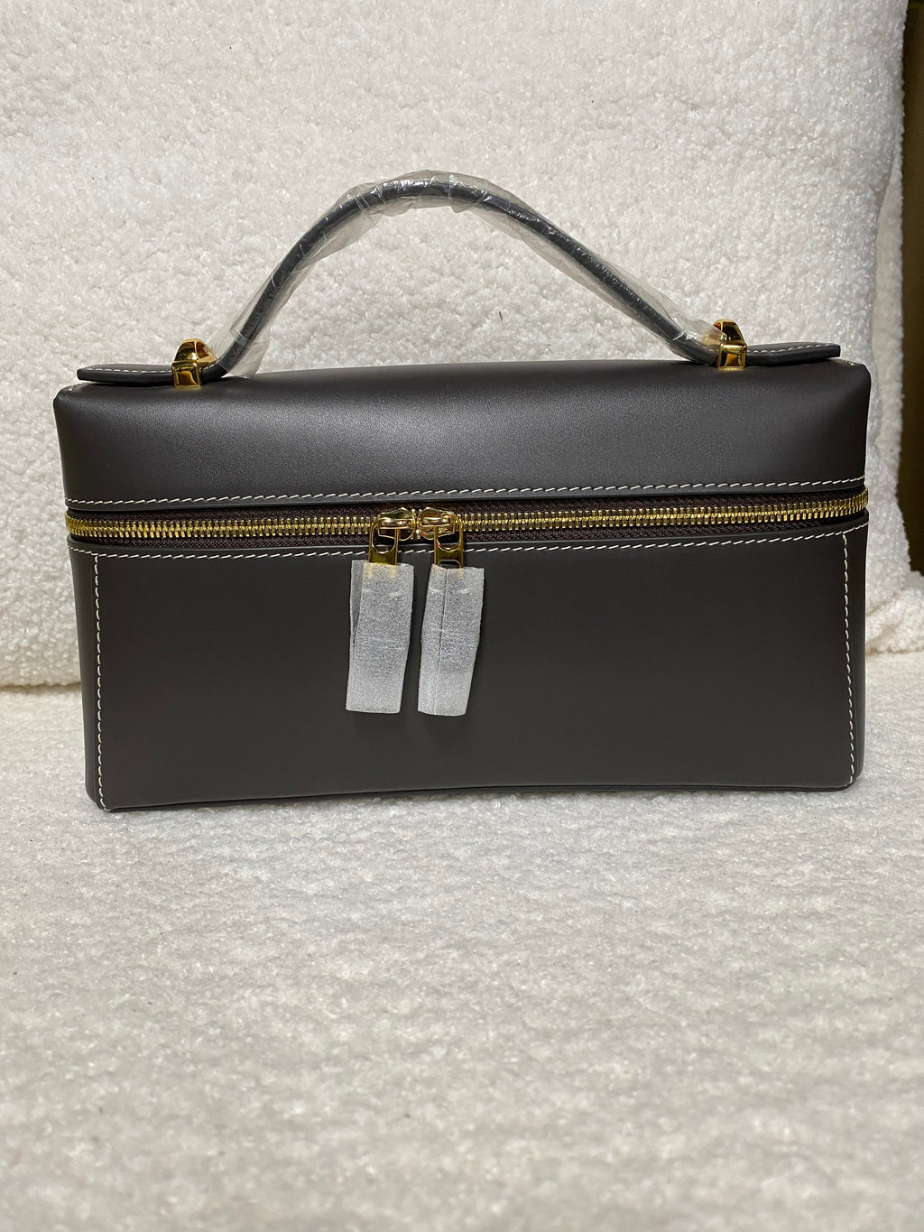 Dark brown rectangular calfskin box bag front view with double zipper