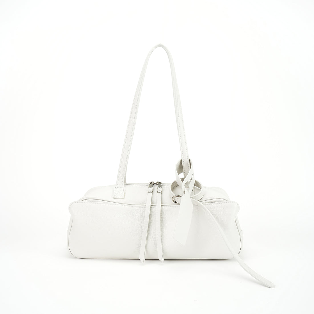 Logo-free cowhide bowling shoulder bag — white front view