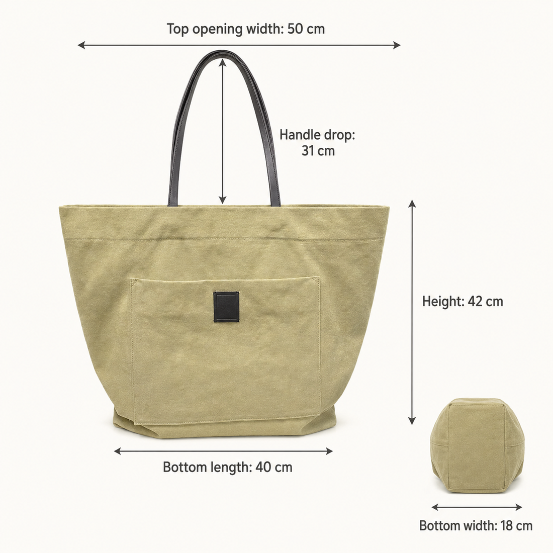 Sand canvas shopper tote dimensions and side profile